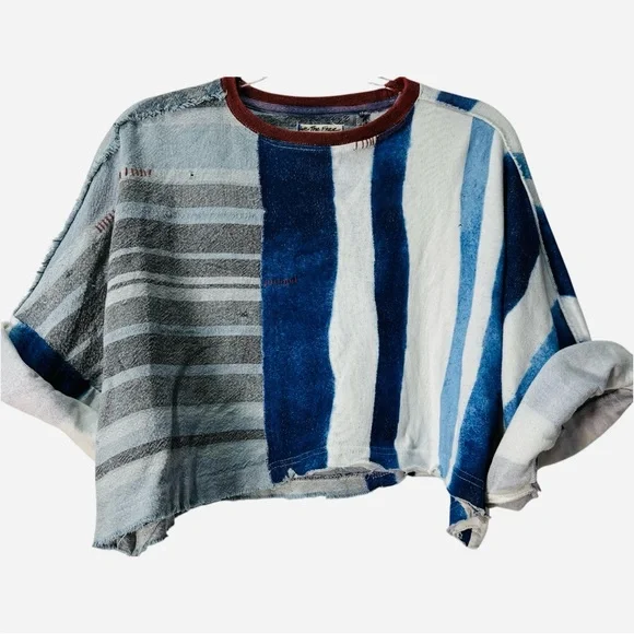 We The Free People Billie Tee / Blue Striped Oversized Slouchy Crop Top Medium - Picture 3 of 7